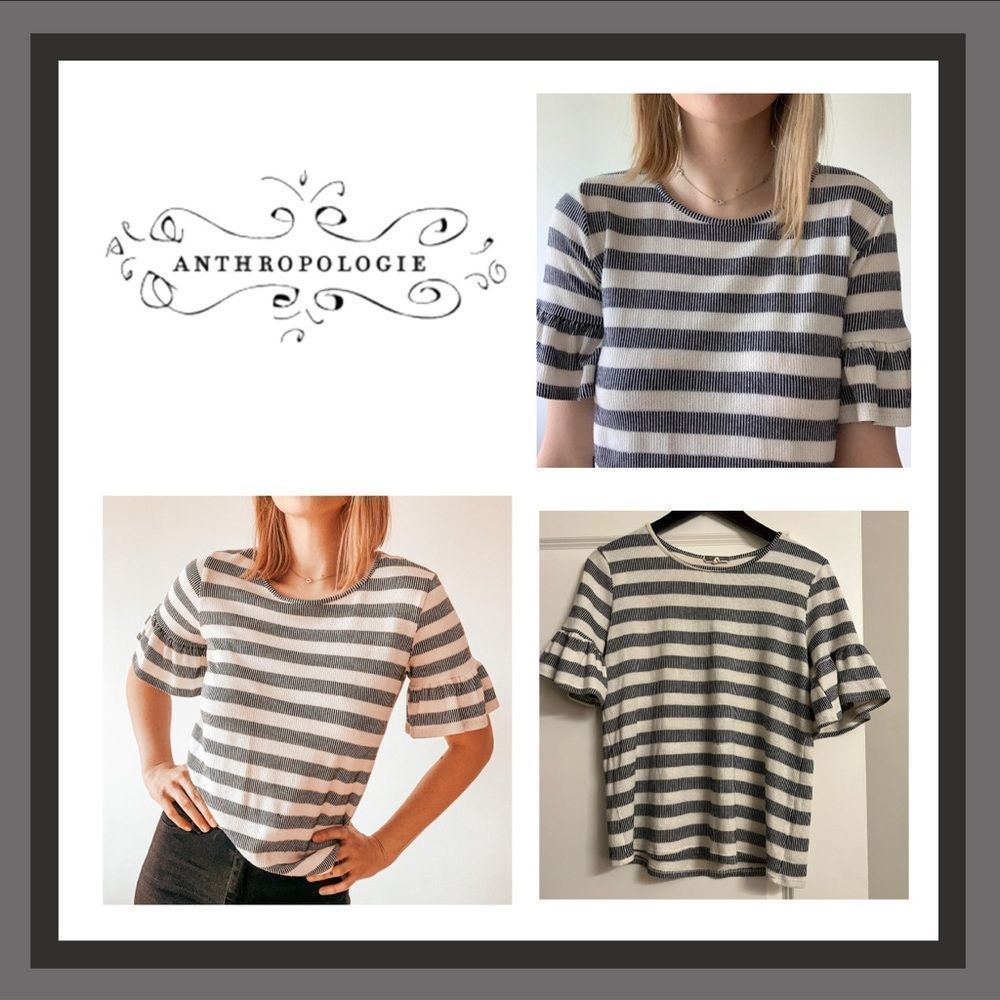 Anthropologie Pleione Striped Ruffle Sleeve Top Size S